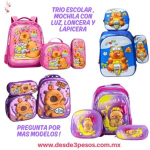 Trio Escolar de Mochila con Luz Led, Lonchera y lapicera de Personajes, 34 x 43, lonchera 26 x 24 y Lapicera 13 x 24 cm 163-6