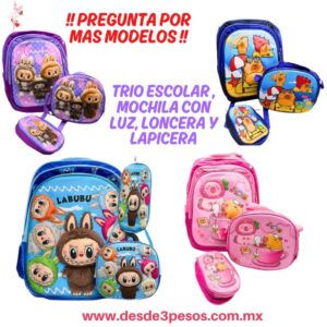 Trio Escolar de Mochila con Luz Led,  Lonchera y lapicera de Personajes, 34 x 43, lonchera 26 x 24 y Lapicera 13 x 24 cm 222