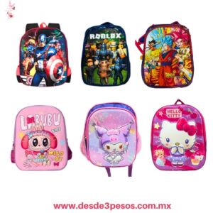 Mochila Kinder con LUZ  Presentacion Niño y Niña en relieve 3D del personaje 2 Diviciones con Cierres 30 x 36 cm