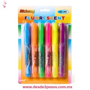 Blíster contiene 6 marcatextos fluorescentes de la marca Richeng modelo RC-305 18 X 2 cm.