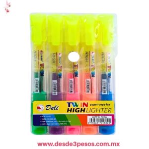 Marcatextos de doble punta 5 pza. Tinta fluorescente amarilla y el otro con un color distinto (como rosa, verde, naranja, azul o morado) SY-820-5 16 X 2 cm.