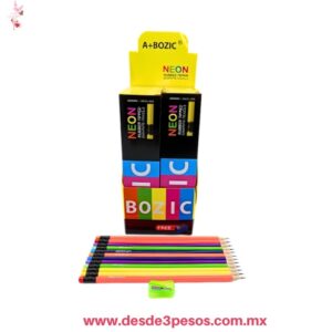 Caja con 12 Lápices de grafito A+BOZIC  con cuerpo de colores neón y borrador integrado incluye 1 Sacapuntas 20 cm. De largo
