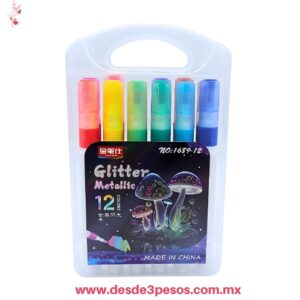 Marcadores Glitter Metallic (12 colores) son un estuche de rotuladores escolares con tinta brillante y efecto metálico no.1689-12 14cm. De alto