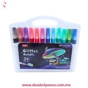 Marcadores Glitter Metallic (24 colores) son un estuche de rotuladores escolares con tinta brillante y efecto metálico no.1689-24 14cm. De alt