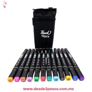 Maletin de 12 marcadores de doble punta con estuche negro Tienen doble punta, una fina y otra gruesa tipo cincel 16 cm. De alto