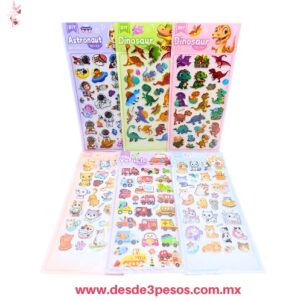 Bolsa con 12 pza. de Planillas de pegatinas 3D en relieve con diseños infantiles variados, como astronautas, dinosaurios, vehículos y gatitos. 25.5 X 12 cm. AA-122-29