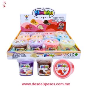 Slime en botesito de plástico con diseños de postres (como fresa, chocolate y vainilla) caja con 12 pza. precio por 1 pza,  8 X 8 cm. H-2006