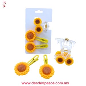 Juego de Accesorios para el cabello incluye minipinza transparente y 2 pasadores decorados con floresen forma de girasol.  7 X 3.5 cm. 6B-137