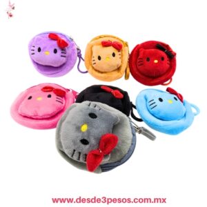 Monedero Redondo de peluche decorado con  Hello Kitty en varios colores   8 X 10 cm.