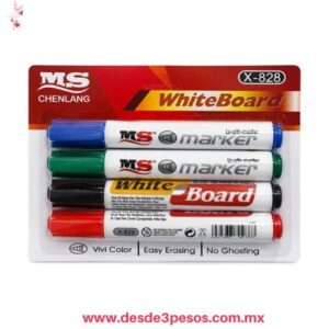 Blister con 4 Pintarrones para pizarron Blanco, Negro, Rojo, Azul y Verde.