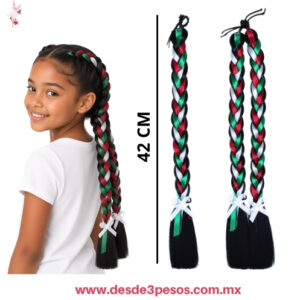 Par de Trenzas imitacion tipo pelo con listón tricolor 42 cm