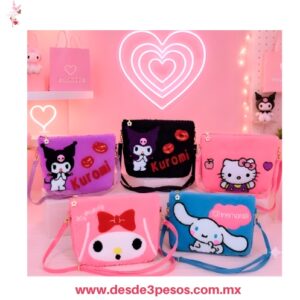 Bolsos de peluche con diseños de personajes de Sanrio como Cinnamoroll, My Melody, Kuromi y Hello Kitty 27 X 20 cm. N-418