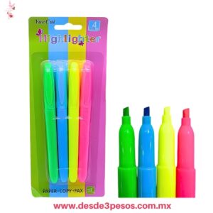 Juego de cuatro marcadores resaltadores fluorescentes de la marca Yue Cai en colores verde, azul, amarillo y rosa. 14 X 1 cm.
