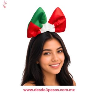 Diadema Tricolor con moño de tela verde, blanca y roja  Acolchonada HX-2749