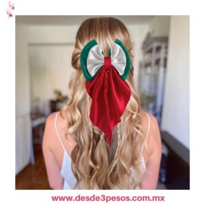 Moño tricolor coquette de satin combina verde, blanco y rojo 30 x 16 cm.