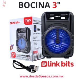 Bocina portátil Link Bits VA371T de 3 pulgadas ofrece una potencia de 5W, conectividad inalámbrica y luces LED integradas 15 X 11 cm.