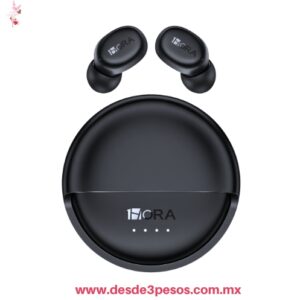 Audífonos Inalámbricos 1Hora  de color negro, caracterizados por su estuche con diseño de apertura giratoria. 7 cm. De diametro AUT216
