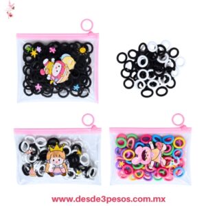 Ligas elásticas para el cabello en una bolsita de plástico transparente con cierre 50 pza 14 x 10 cm XH8117