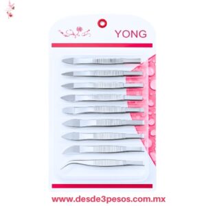 Blister con 12 pza de Pinzas de precisión Para Depilar de acero inoxidable de la marca Yong en presentación de blíster 9.5 cm. X-817