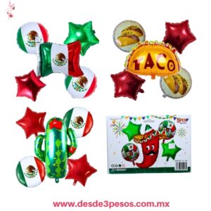 Set de globos metálicos con temática mexicana 47 x 52 cm. Y 47 cm. Incluye popote para inflar