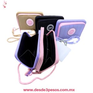 Monedero y tarjetero de mano con 2 divisiones y correa tipo lanyard, en colores pastel. 16 x 11 cm. H-1069