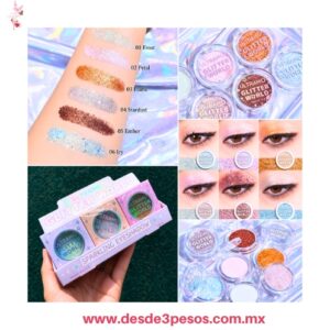 Paquete con 12 Pomadas de sombras ULTRAMO , Glitter y acabado tornasol 6 tonos 5 cm. WH035