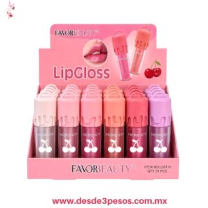 Brillo labial o lip gloss Favor Beauty 6 Tonos Transparentes con Glitter  modelo LG3911 caja con 24 pza. precio por 1 pza. 8.5 x 2cm.
