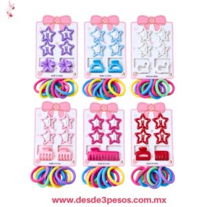 Set de accesorios infantiles contiene pasadores en forma de estrella, mini pinzas  y ligas elásticas de colores 12 pza. 26G-100