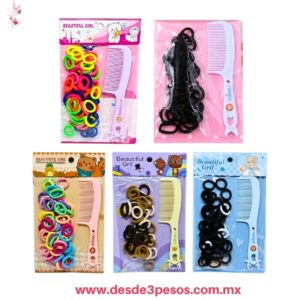 Set de accesorios que incluye 40 ligas elásticas en colores y un peine de plástico 17 x 5 cm.  6D-123