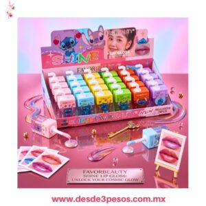 Brillo labial Favorbeauty con temática de Stitch, que viene en una caja exhibidora de 24 piezas con diseño en forma de cajita de jugo precio por 1 pza. LG3530 7.5 X 4 cm