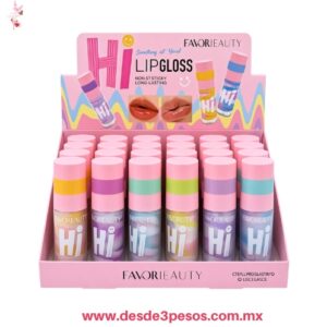 Lip Glos  Hi! Lip  FavorBeauty hidratantes de larga duración en tonos Tricolor Pastel 9.5 x 3 cm. LG3873 caja con 24pza. Precio por 1 pza.