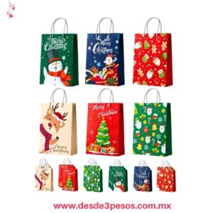 Bolsas de regalo de papel kraft Grande con diseños surtidos de Navidad 12 pza.  36 X 26 cm. X-770-3