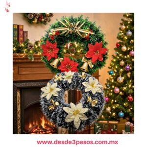Coronas Navideñas decorativas como en la imagen están adornadas con flores de nochebuena artificiales y moños dorados 41cm. De diametro
