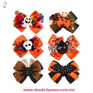 Tira con 12 Picos de Garza Moños de Halloween decorados defantasmas, calabazas, calaveras, arañas y murciélagos 17 x 11 cm. 26G-114