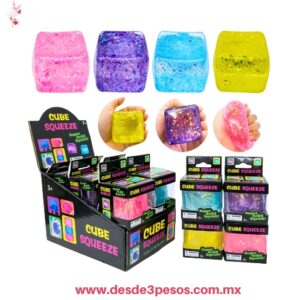 Squishy en forma de cubo relleno de gel con brillantina 5 tonos 6 x 6 cm. TT-3038 Caja con 12 pza. precio por 1 pza.