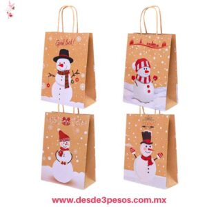 Paquete con 12 Bolsas de regalo en Papel Kraft Chica con diseños surtidos de Navidad 12 pza. 30 x 16 cm. X-770-1