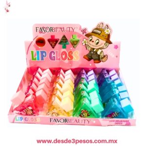 Lip Gloss Favor Beauty Labubu con diseño triangular  y acabado brillante 6 tonos con aromas 6 x 6 cm LG3608