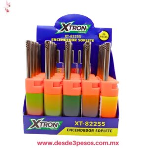 Encendedores tipo soplete de la marca Xtron, que contiene 25 piezas rellenables con diseño alargado y cuerpo de colores degradados XT-82255 precio por 1 pa.