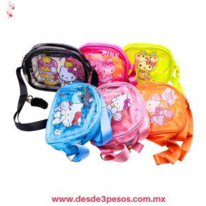 Bolsa Cruzada Transparentes de Hule  con diseños de Hello Kitty y otros personajes  24 x 17 cm. N-420