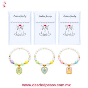 Pulseras Ajustable  con perlas artificiales  de colores y dijes colgantes metálicos 26E-52