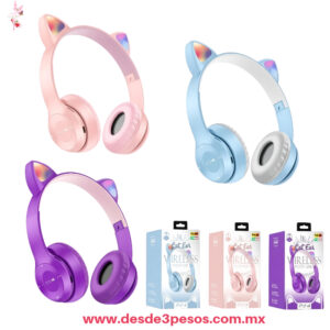 Audífonos de Diadema Bluetooth P47M con Orejas de Gato y Luz LED RGB, Colores: Rosa, Morado y Azul, Link Bits MOD P47M