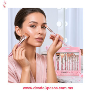 Kit de 9 Brochas de Maquillaje Favor Beauty  Edición Glitter Diferente tamaño  cerdas ultra suaves 15,13, 14 y 15 cm. FB1705