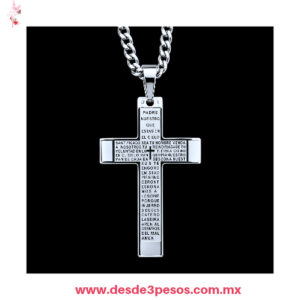 Collar con Dije de Cruz de Acero Inoxidable Grabado con Oracion del  Padre Nuestro en color plata 34 cm