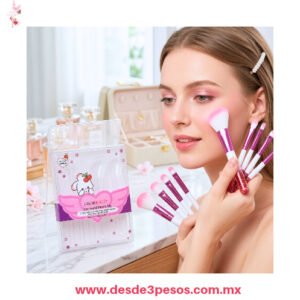 Set de 5 Brochas de Maquillaje Favor Beauty Lux Wave Brush Set - Mangos de Cristal con Glitter Rosa 14 cm. De largo FB1918