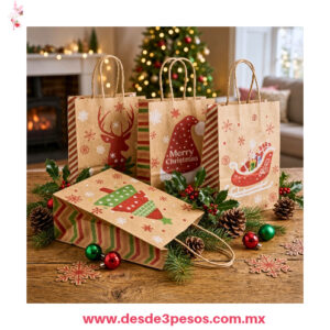Paquete con 12 Bolsas Navideñas de Papel Kraft Mediana Varios Diseños 28 x21 cm. X-770-2