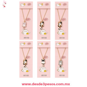 Set de collares con dijes de gatitos esmaltados Color Dorado 24 cm de largo 26G-109